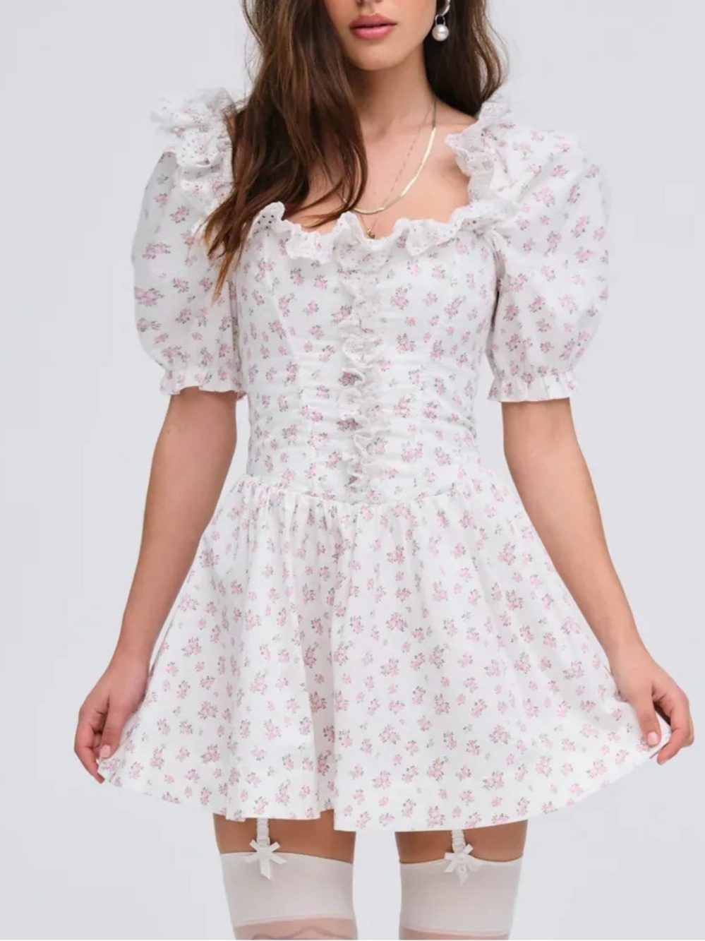 For love and lemons Noam mini dress / floral pink and white ruffle lace